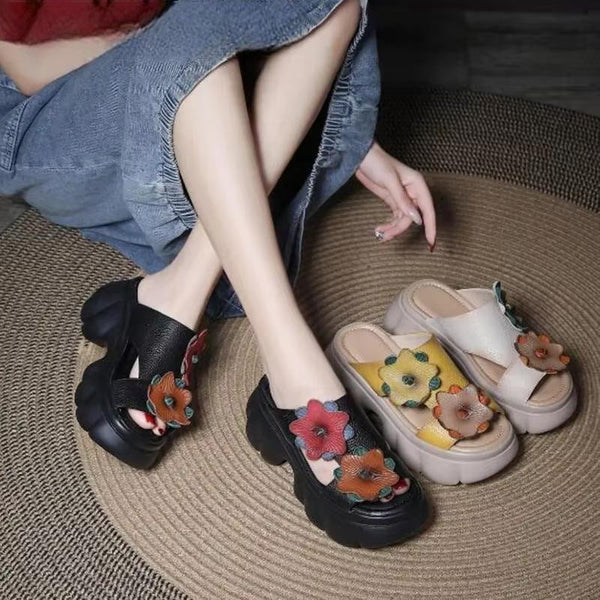 Fashion Summer Shoes Genuine Leather Appliques Flower  Wedge Slipper