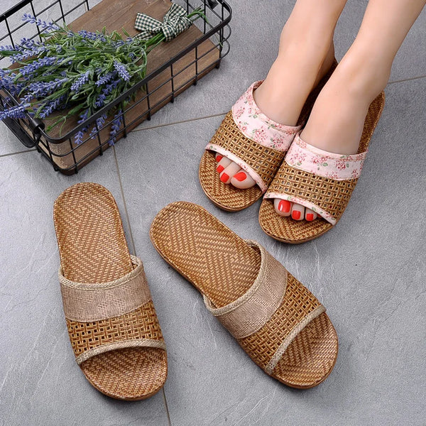 Breathable Straw Mat Shoes Women Indoor Slippers Anti-slip Lovers Home Linen Slipper