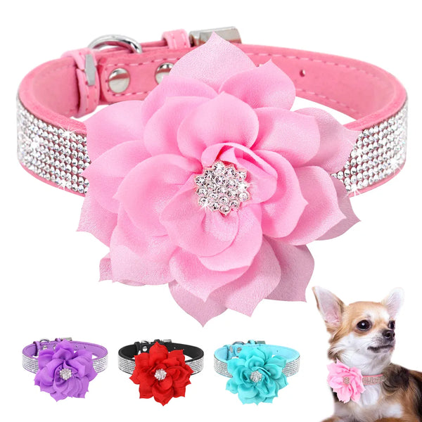 Bling Rhinestone Dog Collar Glitter Rhinestone Puppy Cat Collars With Flower