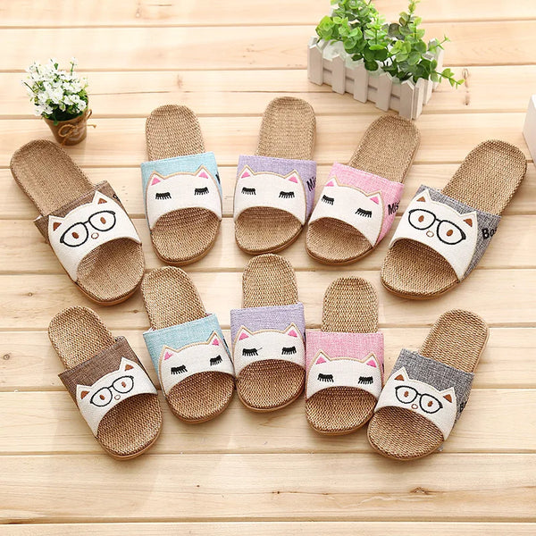 Flip Flops Animal Prints Sandals Flat Non-Slip Linen Slides Home Slipper