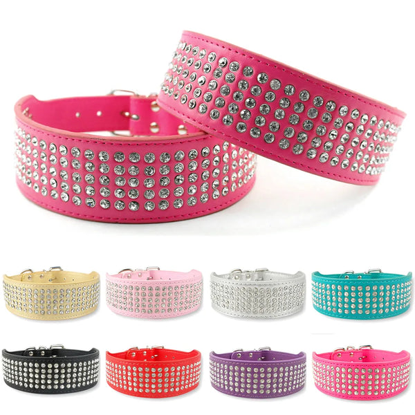 2" Width 5 Rows Rhinestone Dog Puppy Pet Collars  Bling Full Diamante Leather Collar