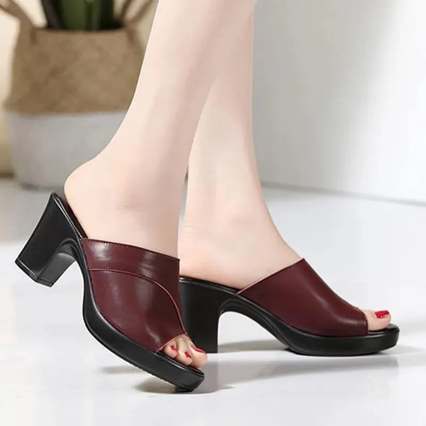 Female Thick-heeled Slippers Bright Leather Solid Color Casual Shoes