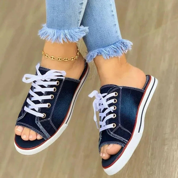 Ladies Slippers Canvas Lace-up Open-toe Denim Beach Shoes