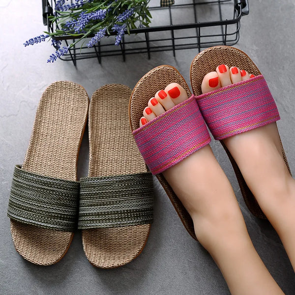 Linen Slippers For Female Summer Home Indoor Lovers Anti-Skid Thick Floor Shoe