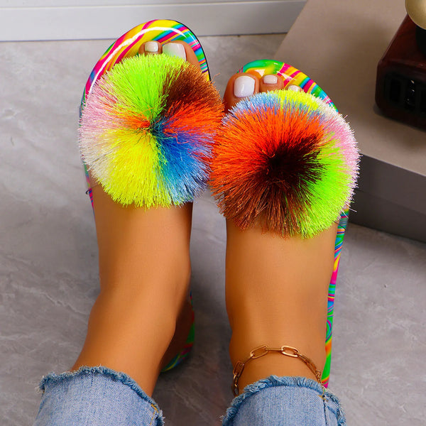 Trade Flat Bottom Slippers Female Outer Candy Colored Hairball Beach Sandals