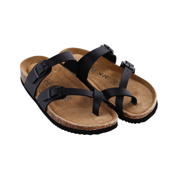 Women's Leather Clogs Slippers Black Classic Buckle Cork Slides Slippers